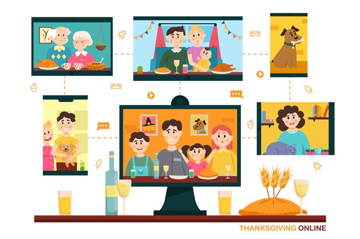 a cartoon of people celebrating Thanksgiving Dinner